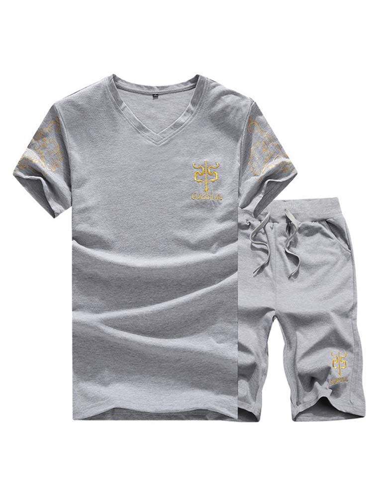 PASOK Men's Casual Tracksuit Full Zip Running Jogging Athletic Sports Jacket and Pants Set - Short Style Gray
