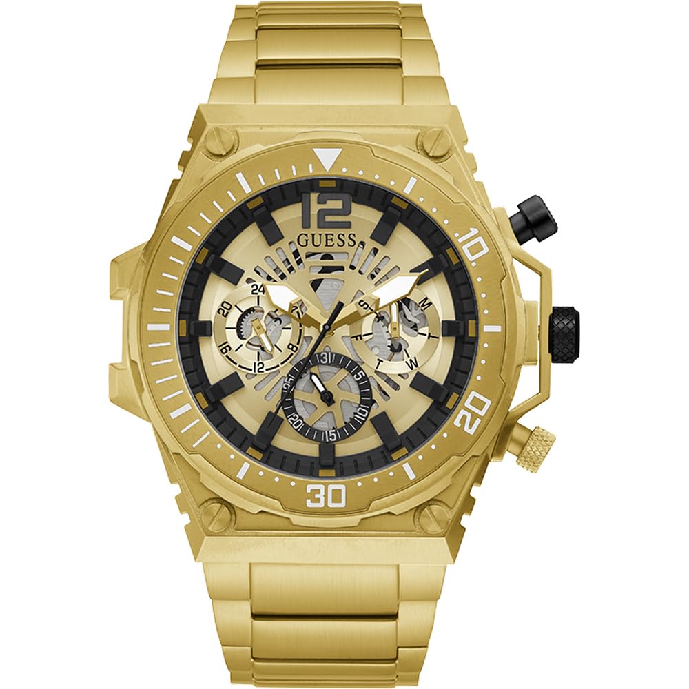 GUESS 48mm Multifunction Skeletonized Watch, Gold-Tone/Black, Quartz Watch
