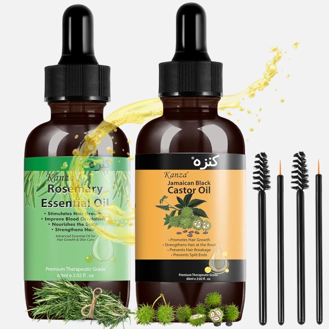 KANZA - Rosemary Essential Oil & Castor Oil for Hair Growth (60ml*2) | Jamaican Black Castor Oil, Hair Growth Serum| Anti Hair Loss Serum|Organic Castor Oil,Rosemary Oil for Hair Growth for Men&Women