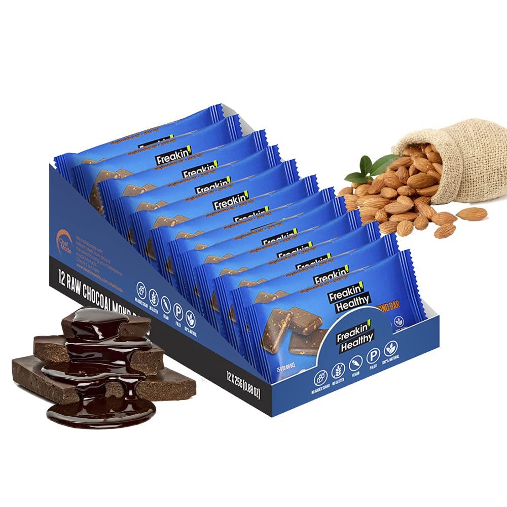 Freakin Healthy Raw Choco Almond Bar, Dark Chocolate Coated Almond Snack, Energy Booster, Plant Based Ingredients - 300g – Pack of 12