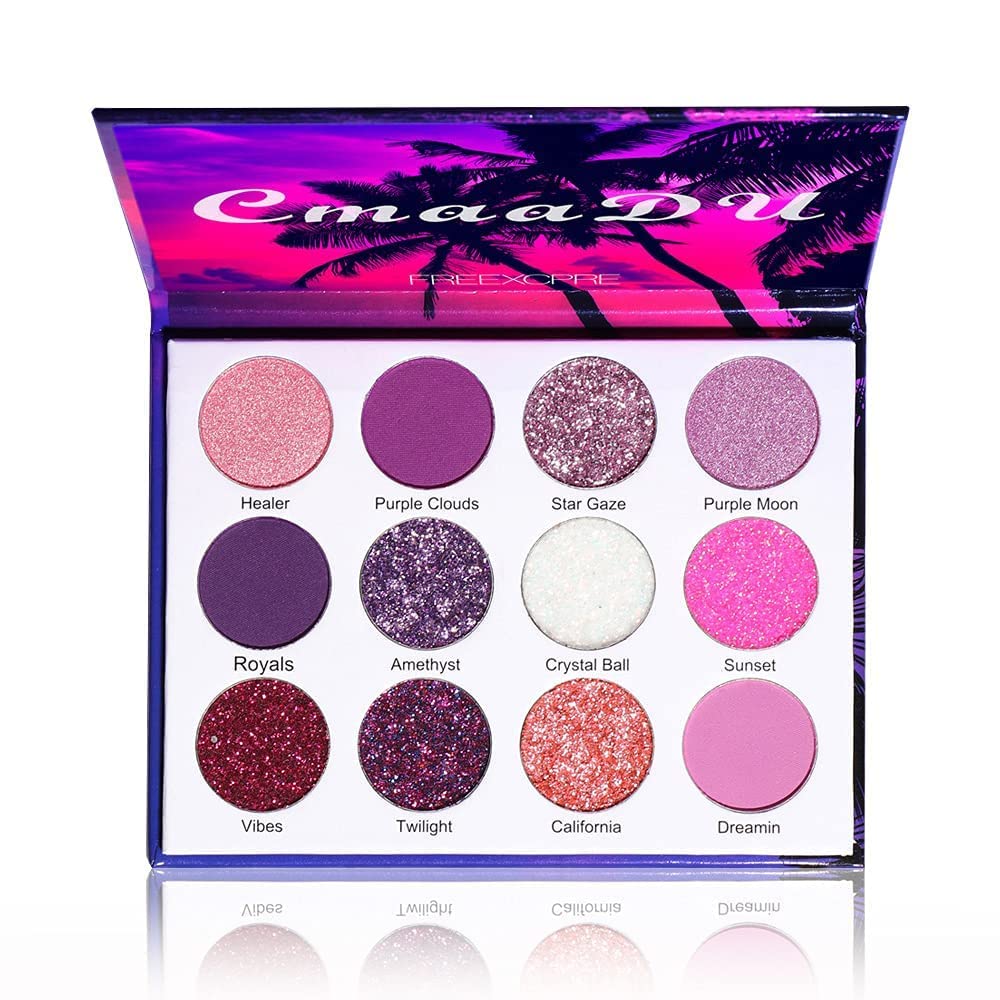 KASTWAVE Vibrant Glitter Eyeshadow Palette - 12 High Pigmented Shimmer Colors, Dreamy Purple & Pink Waterproof Makeup for Girls & Women