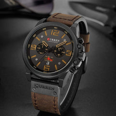 CURREN Dark Brown Chronograph Fashion Trend Multi-Function Waterproof Quartz Watch Leather Strap Military Watch (Coffee)