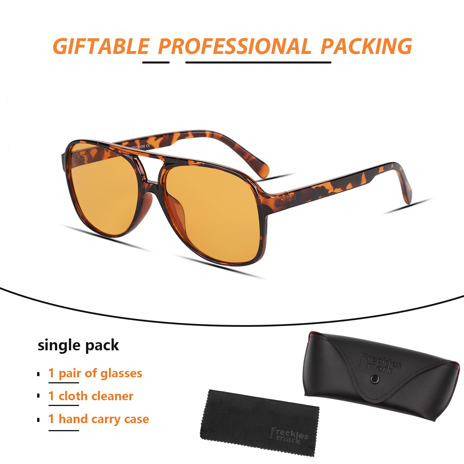 Freckles Mark Vintage Retro 70s Sunglasses for Women Men Classic Large Squared Aviator Frame UV400 Trendy Orange Glasses
