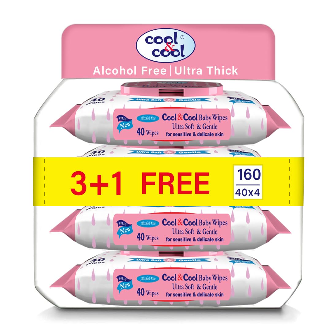 Cool & Cool Baby Wipes 40’s (Pack of 4)-Alcohol Free, Paraben Free,Vitamin E,Aloe Vera,Ultra Soft & Gentle for Sensitive & Delicate Skin - 160 Wipes
