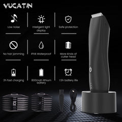 Electric Body Hair Trimmer for Men Groin Trimmer Beard Hair Clippers Mens Grooming Kit, Cordless Ceramic Blade Heads IPX6 Waterproof for Wet/Dry Use Low Sound Body Trimmer (Standing Recharge Dock)