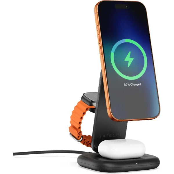 Satechi 3-in-1 Qi2 Wireless Charging Station, 25W Fast Magnetic Charger, Foldable Charging Stand for iPhone 17, Apple Watch Series 11, AirPods, 45W USB C Adapter Included, Space Black