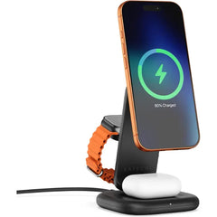 Satechi 3-in-1 Qi2 Wireless Charging Station, 25W Fast Magnetic Charger, Foldable Charging Stand for iPhone 17, Apple Watch Series 11, AirPods, 45W USB C Adapter Included, Space Black