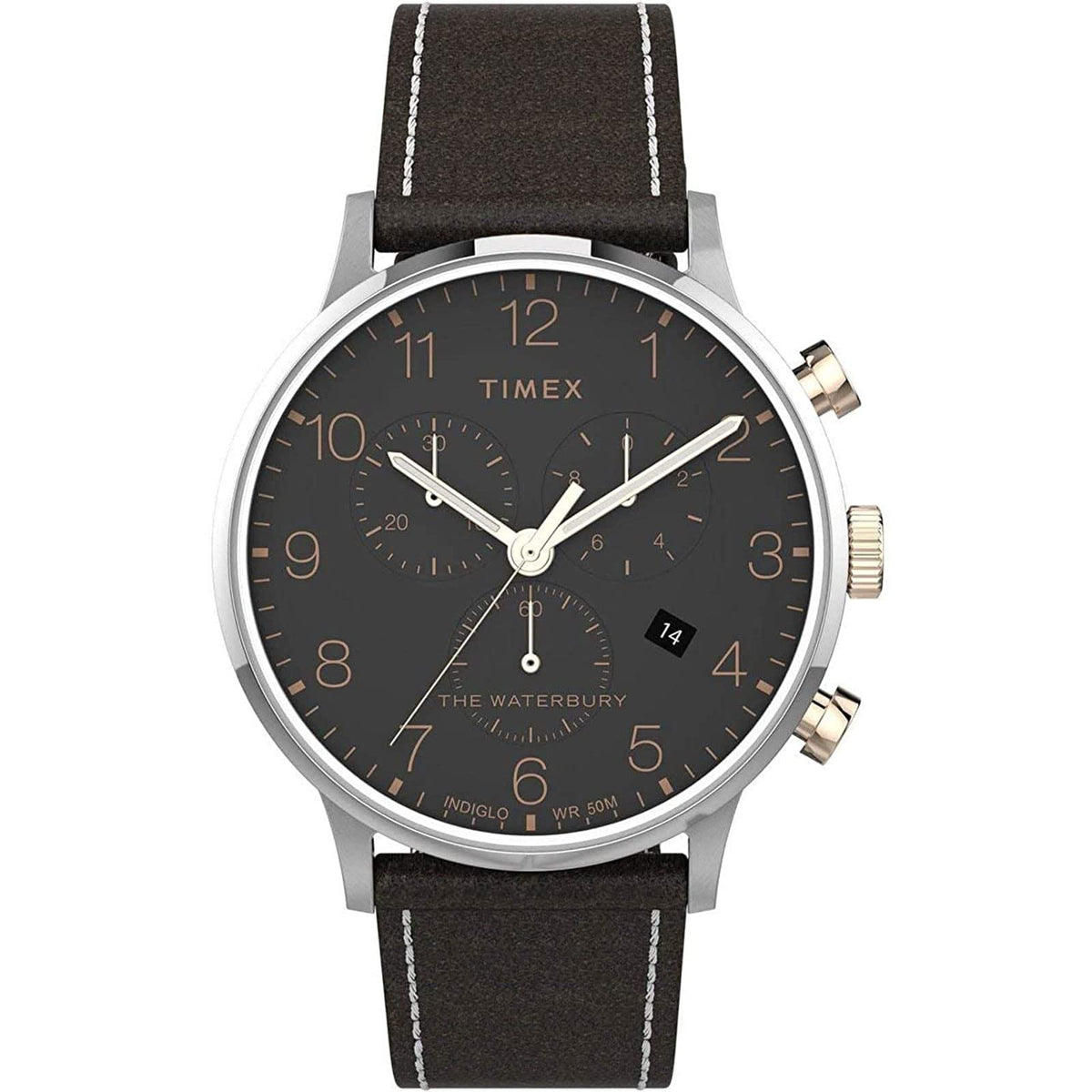 Timex mens Chronograph Watch Waterbury with Leather Strap - Dark Brown/Silver