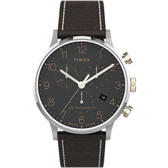 Timex mens Chronograph Watch Waterbury with Leather Strap - Dark Brown/Silver