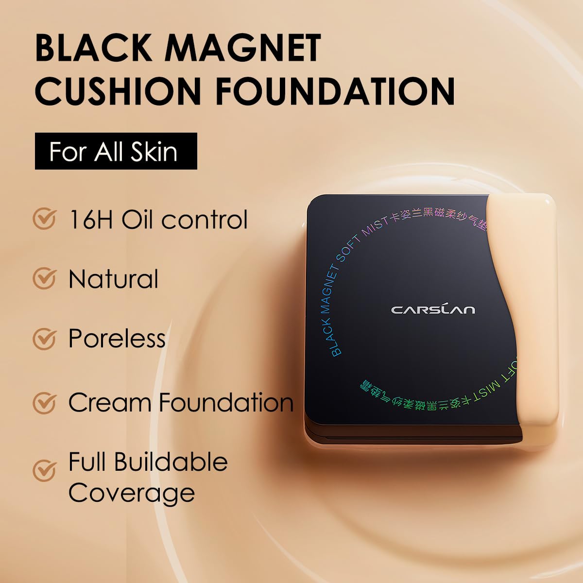 CARSLAN Black Magnet Cushion Foundation - Full Buildable Coverage, Moisturizing, Lightweight, 16H Long-Lasting Glow Looking, Refill Included, 02.Ivory White