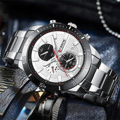 CURREN 8417 Men's Wristwatch Chronograph Waterproof Brand Luxury Sports Military - SILVER WHITE