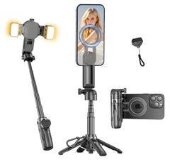 Magnetic Mini Phone Selfie Stick, Mag-Safe 4 in 1 Small Portable Pocket Tripod for iPhone/Android, with Removable Phone Clip, Remote & 2 Fill Light for Photograph/Live Streaming/Video Recording