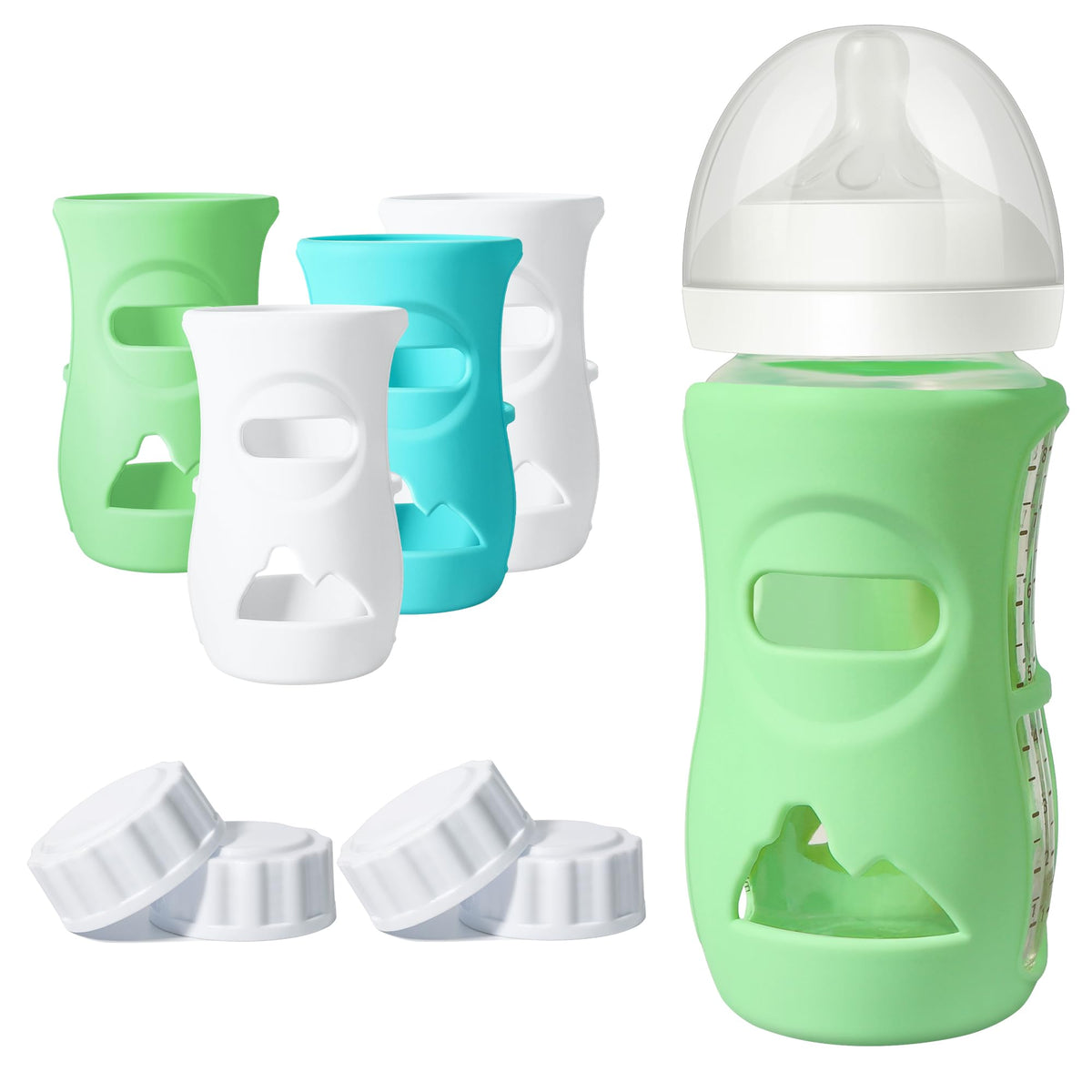 Joxodak 4 Pack Silicone Sleeves for Philips Avent Glass Bottle Food Grade Silicone Bottle Cover and 4pcs Travel Bottle Caps, Bottle Lids Replacement(for 8 oz Philips Avent Natural Glass)