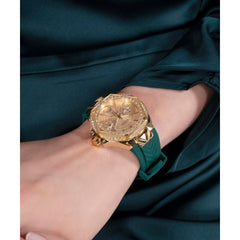 GUESS P GLD CS W/CRYS/SUN CHAMP MF DL/GREEN TEXTURED SILICONE STRP