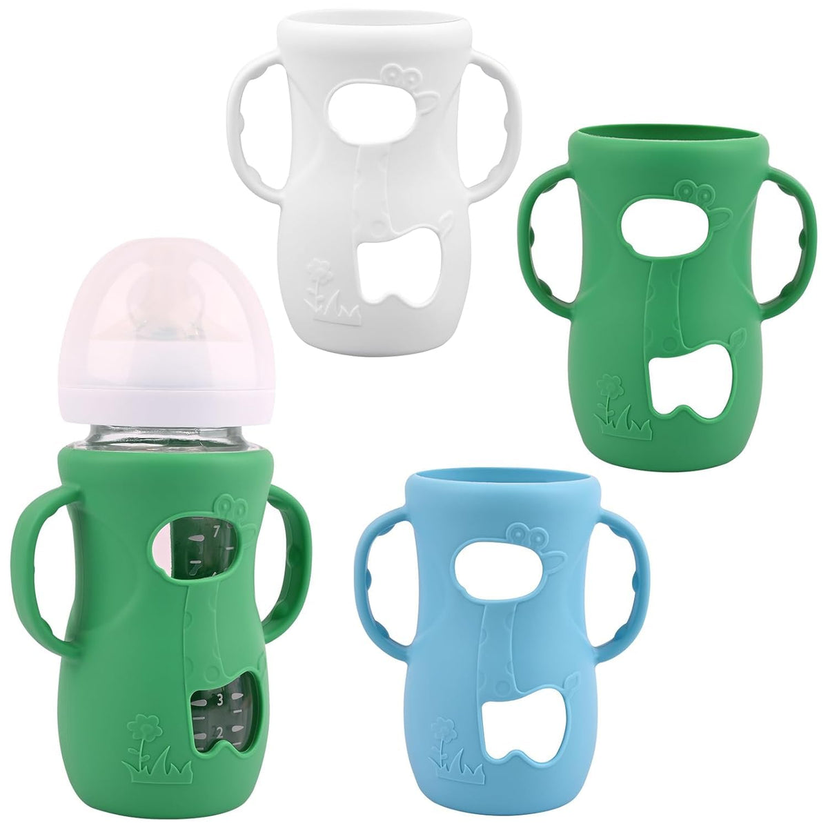 Azonee 3 Pack Silicone Sleeves for Avent Natural Glass Baby Bottles – Anti-Breakage Baby Bottle Protector with Handles, Compatible with Philips Avent 8oz Glass Bottles, Bpa-Free(White, Green & Blue)