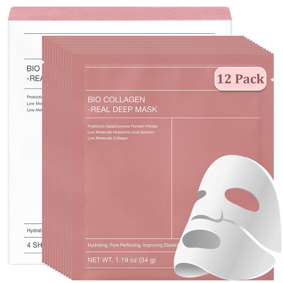 Bio-Collagen Real Deep Mask, Hydrating Overnight Hydrogel Mask, Elasticity Improvement, Pore Minimizing, For All Skin Types, Travel Essentials 34g (12 Pack)