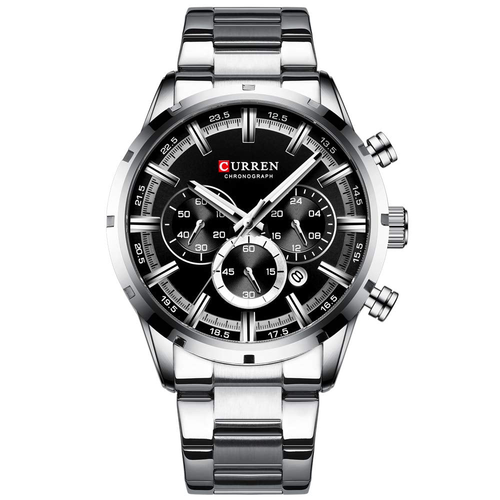 CURREN Herren-Armbanduhr Sport Quarz Chronograph Armbanduhr mit Leuchtzeigern Mode Edelstahl Uhr Datum - silver black
