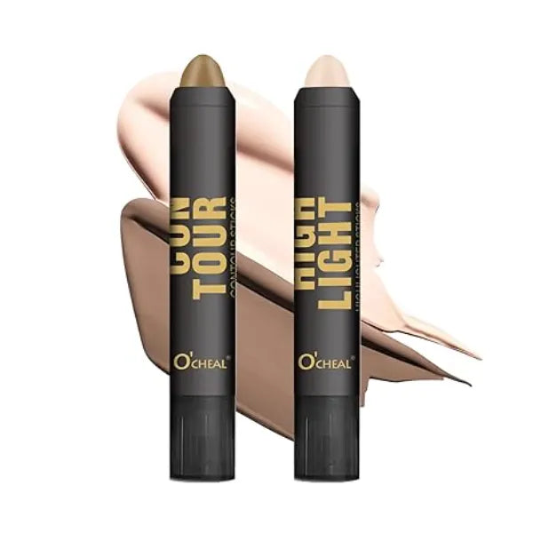 O'CHEAL 2 Pcs Cream Contour Sticks - Moisturize Highlighter and Bronzer Stick - Lightweight & Powder-Free & Long-Lasting - Easy Face Contouring for a Naturally Soft Makeup Look