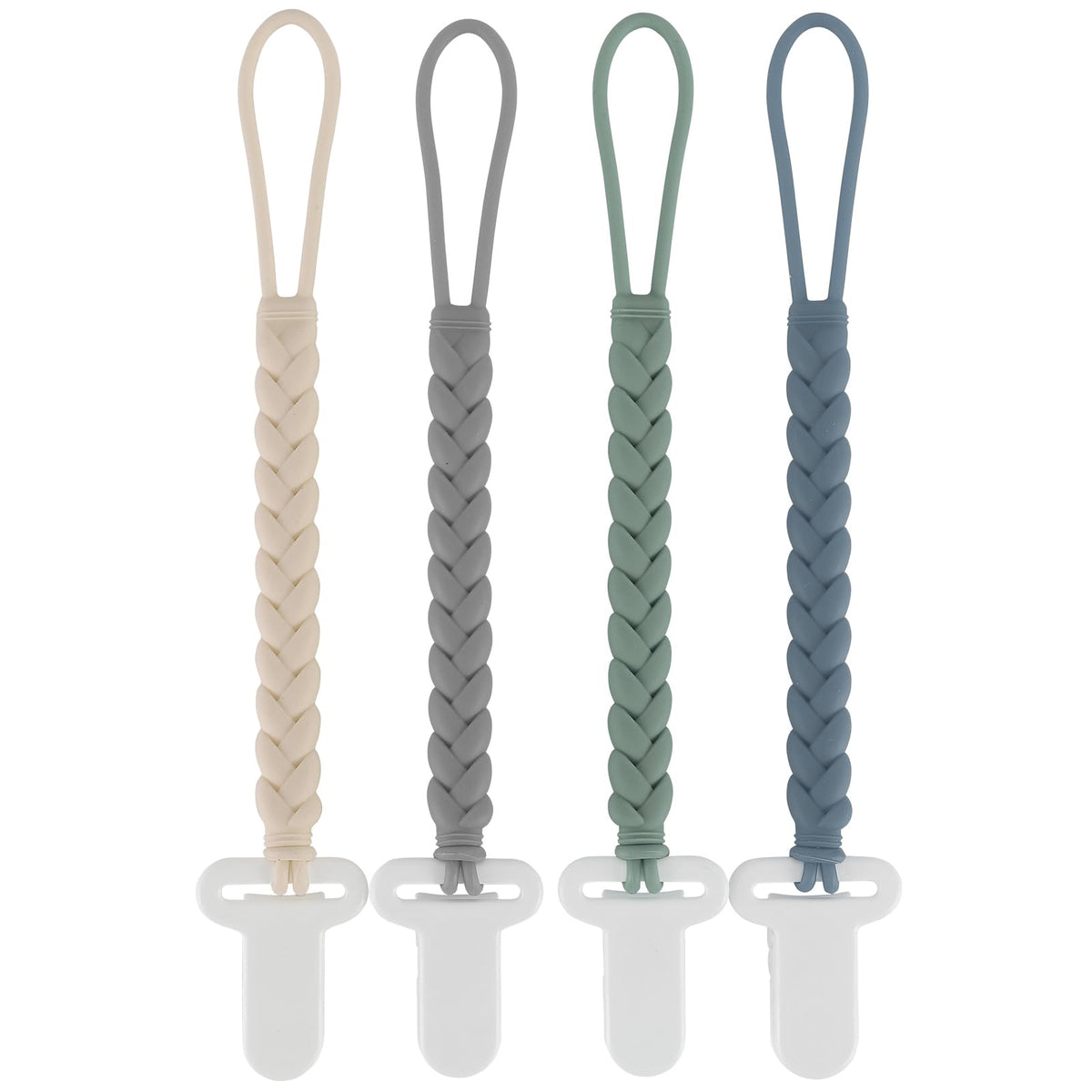 Slotic 4-Pack Silicone Pacifier Clips with a Woven Rope Shape for Baby Boys and Girls - Flexible and Rust-Free Holders for Teething Relief and Baby Essentials, Safe for Newborns (Grey)