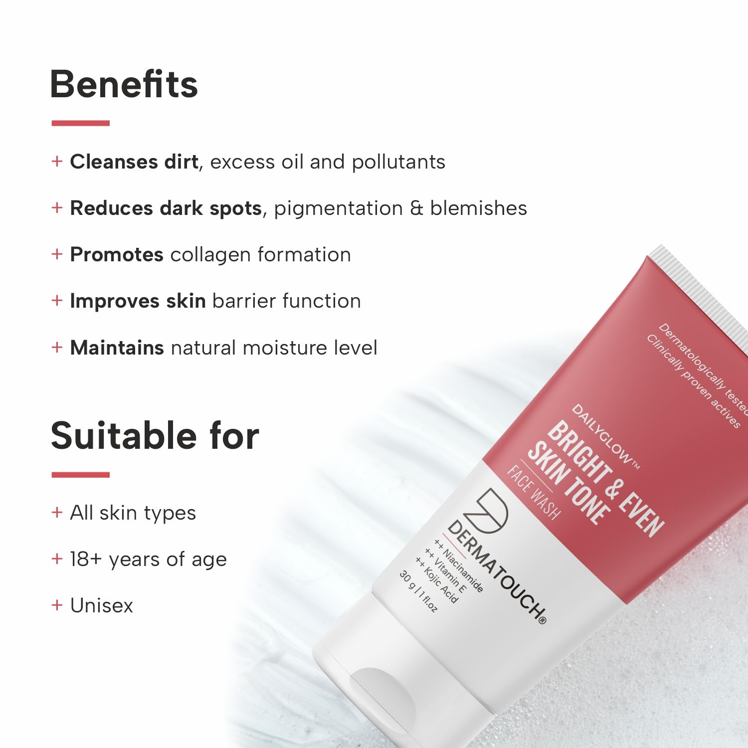 DERMATOUCH Bright & Even Tone Face Wash with Niacinamide, Vitamin E and Kojic Acid | Daily Gentle Face Cleanser For Tan, Pigmentation, Uneven Tone - 30G
