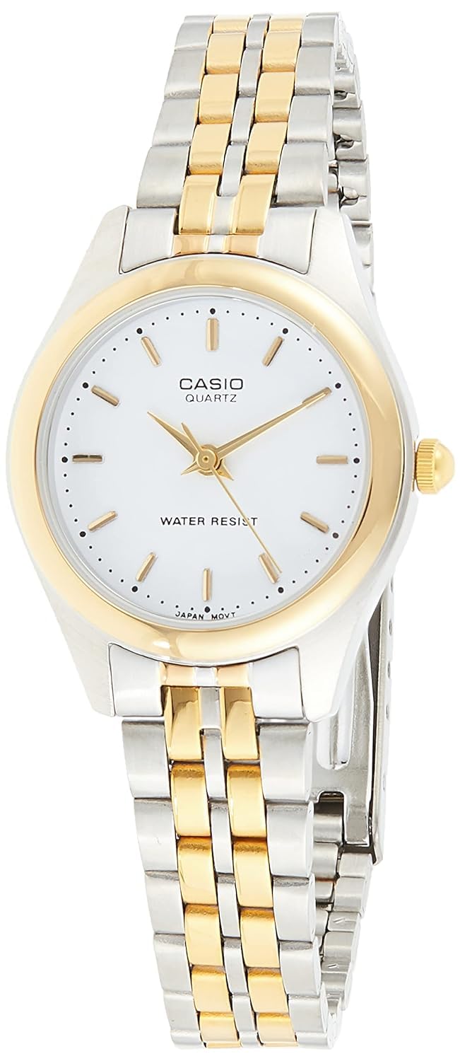 Casio Womens Quartz Watch, Analog Display and Leather Strap Gold/Silver/White