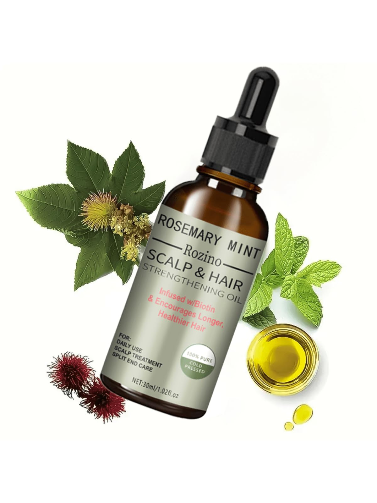 Rozino Rosemary Mint Scalp & Hair Strengthening Essential Organic Oil (30ml) infused with Biotin, nourishes Longer & Healthier Hair for Hair growth, Daily use, Scalpcare, Split end care