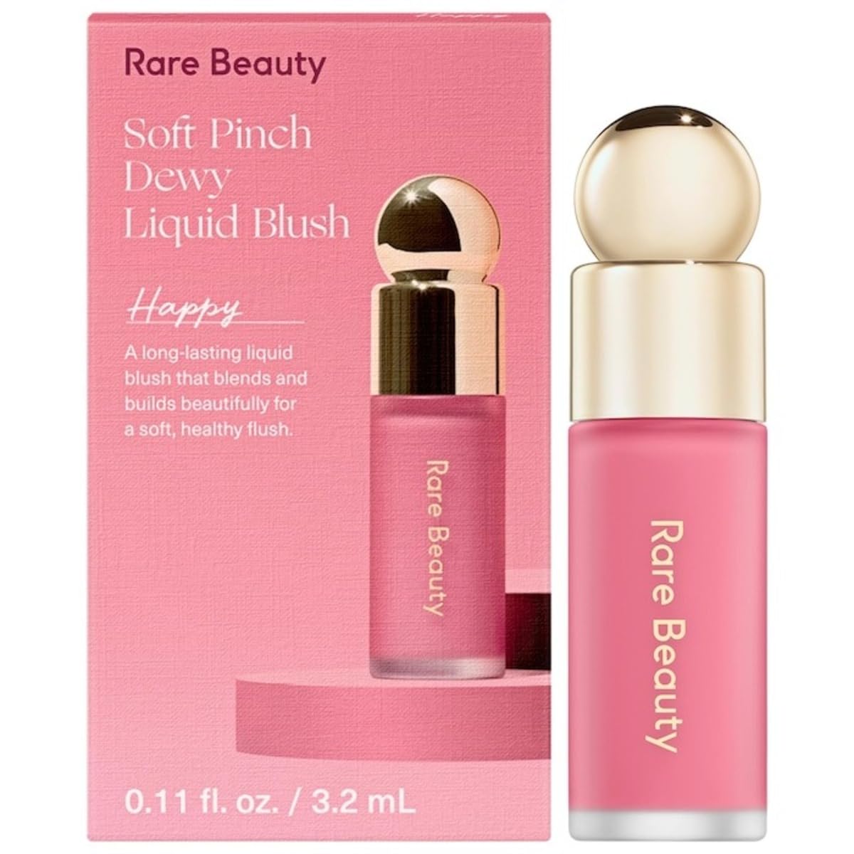 Rare Beauty Soft Pinch Liquid Blush Mini Lightweight, Buildable Blush for Natural Flush, Travel-Friendly Size, Infused with Joyful Color- 3.2ml - Happy - Dewy Cool Pink