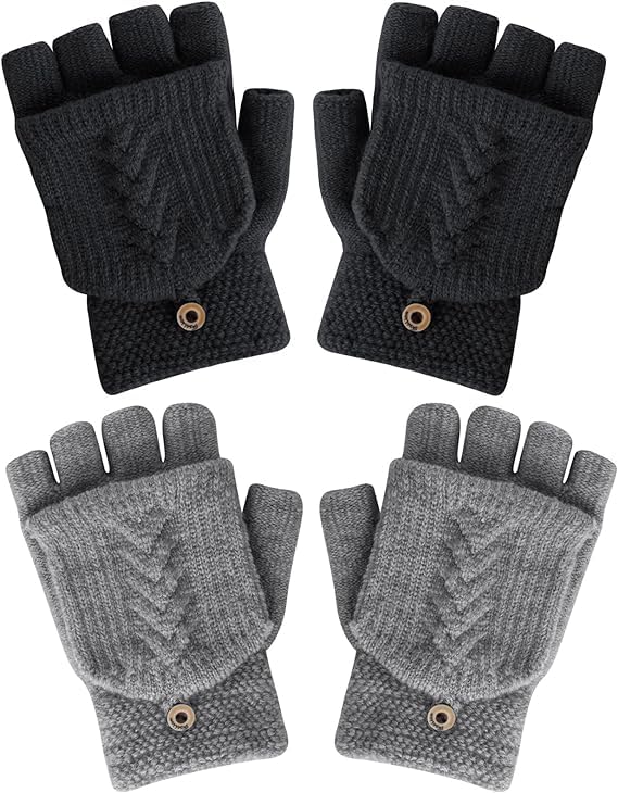 Fingerless Gloves for Women, Winter Warm Knitted Gloves Convertible Mittens Flap Cover, Winter Gloves for Women & Men (2 Pairs)