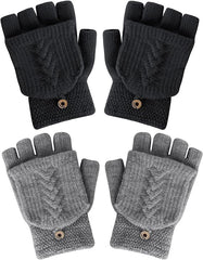 Fingerless Gloves for Women, Winter Warm Knitted Gloves Convertible Mittens Flap Cover, Winter Gloves for Women & Men (2 Pairs)