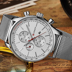 CURREN Watches Mens Brand Luxury Stainless Steel Quartz Watch Men Casual Waterproof Clock Men Sport Wristwatch (Silver white)