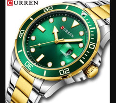 CURREN Men's Analog Watch Stainless Steel Case Green Dial Date Window Stainless Steel Silver & Goldtone Color Bracelet - multi