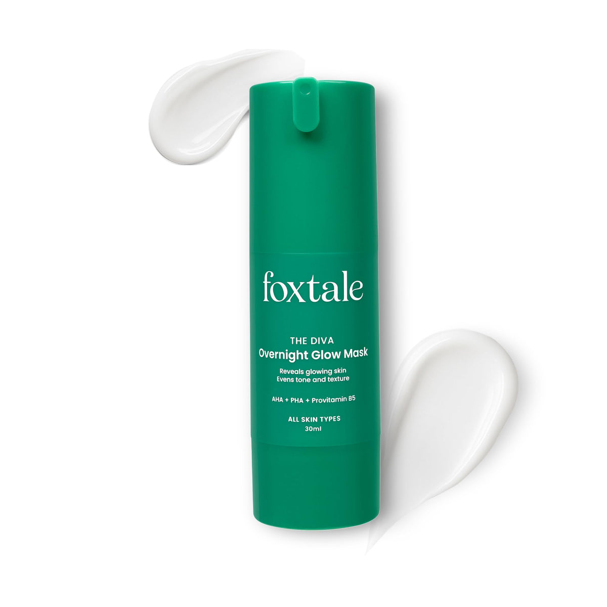 FoxTale 2% Glycolic + 2% Lactic Acid Overnight Glow Mask With AHA, PHA & Provitamin B5 30 second facial for salon like brightening For clear, smooth, soft skin Men and Women 30 ml, Green