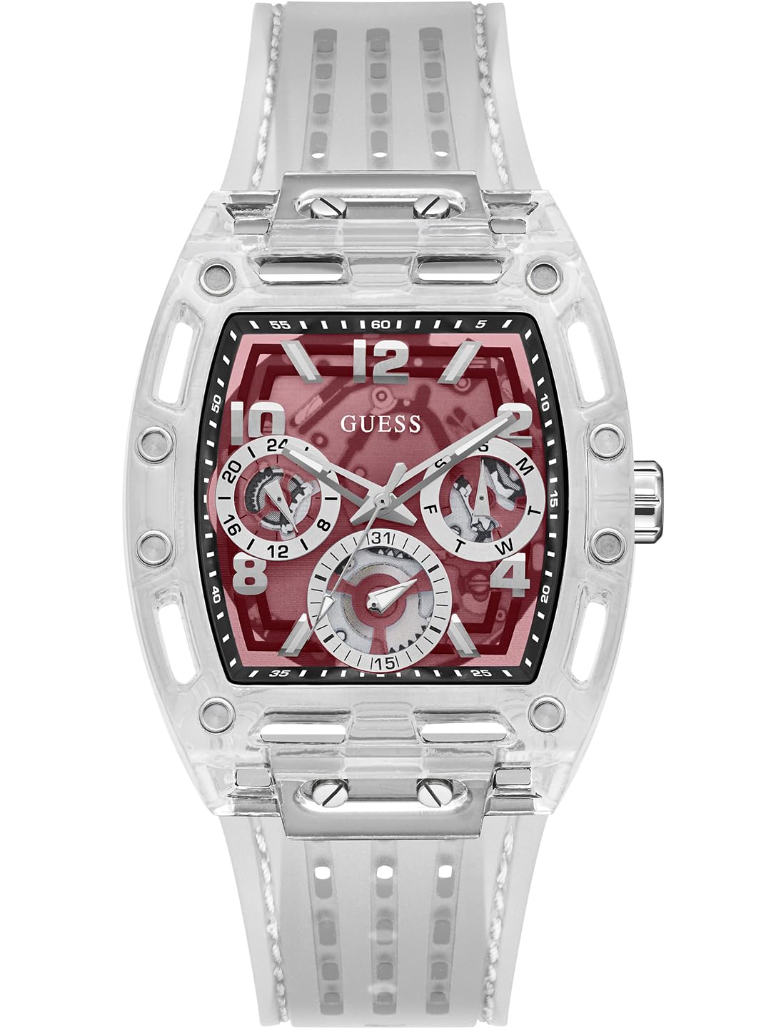 GUESS Men's Quartz Analogue Quartz Watch with Mineral Glass Polycarbonate Case 50WR (Red Dial, Transparent Case, Transparent Strap)