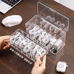 TenSteed Data Cable Organizer Storage Box with Lid Clear Charger Cable Organizer Desktop Accessory Storage Organizer Cable Management Neat with 12 Compartments& 15 Pieces Cable Ties (Double Layer)