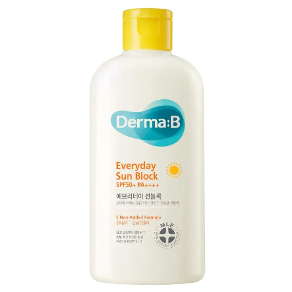 Derma B Everyday Sun Block Large Size Sunscreen SPF50+ PA++++ 6.71 Fl Oz, 200ml Fast-Absorbing Lightweight SPF Moisturizer, Facial Body Non-Sticky for Dewy Skin, Korean Protection Lotion