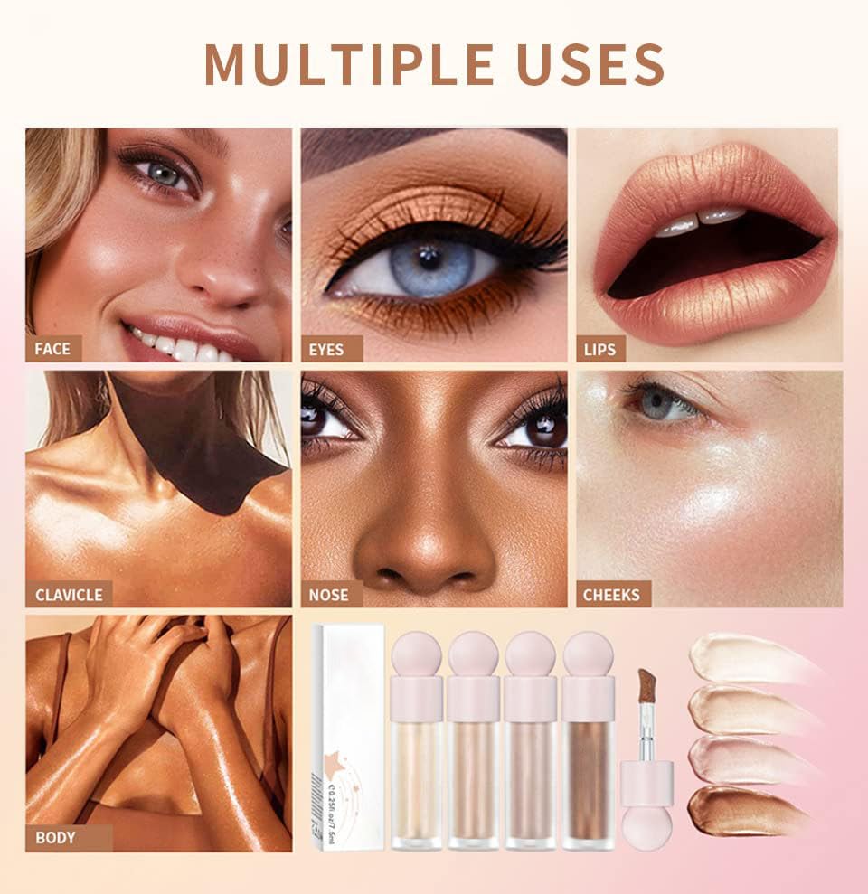 3Pcs Liquid Highlighter, Stick Liquid Luminizer Makeup Liquid Illuminator Face Highlighter, Liquid Luminizer Shimmer Stick with Cushion Applicator, Natural Glow Makeup Sparkly Highlighters for Face