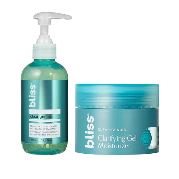 Bliss Clear Genius Cleanser 6.4 oz + Gel Moisturizer 1.7 oz | Salicylic Acid & Niacinamide to Purify Pores, Control Oil & Hydrate | Vegan, Tea Tree Scent, Oil-Free, Paraben-Free, Blemish-Prone Skin
