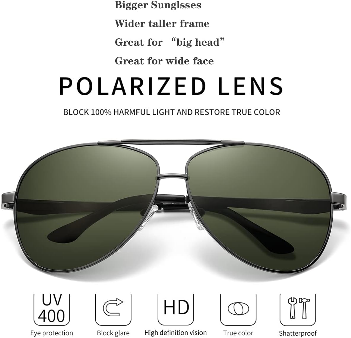 RCXKOOM Big XL Wide Frame Extra Large Polarized Aviator Sunglasses for Big Heads Men Oversized Military Pilot Glasses