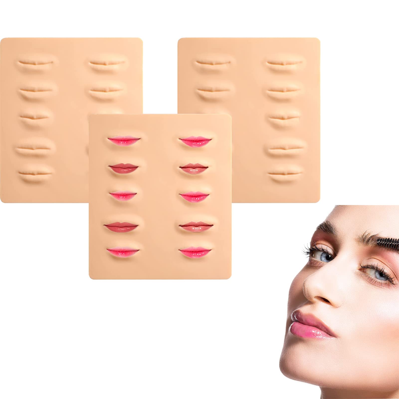 KASTWAVE Lip Practice Skin, 3 Sheets Silicone Fake Skins for Lips Permanent Makeup, 3D makeup Practice Skin 21.5 x 19cm for Beginners Cosmetic Makeup Lips Training