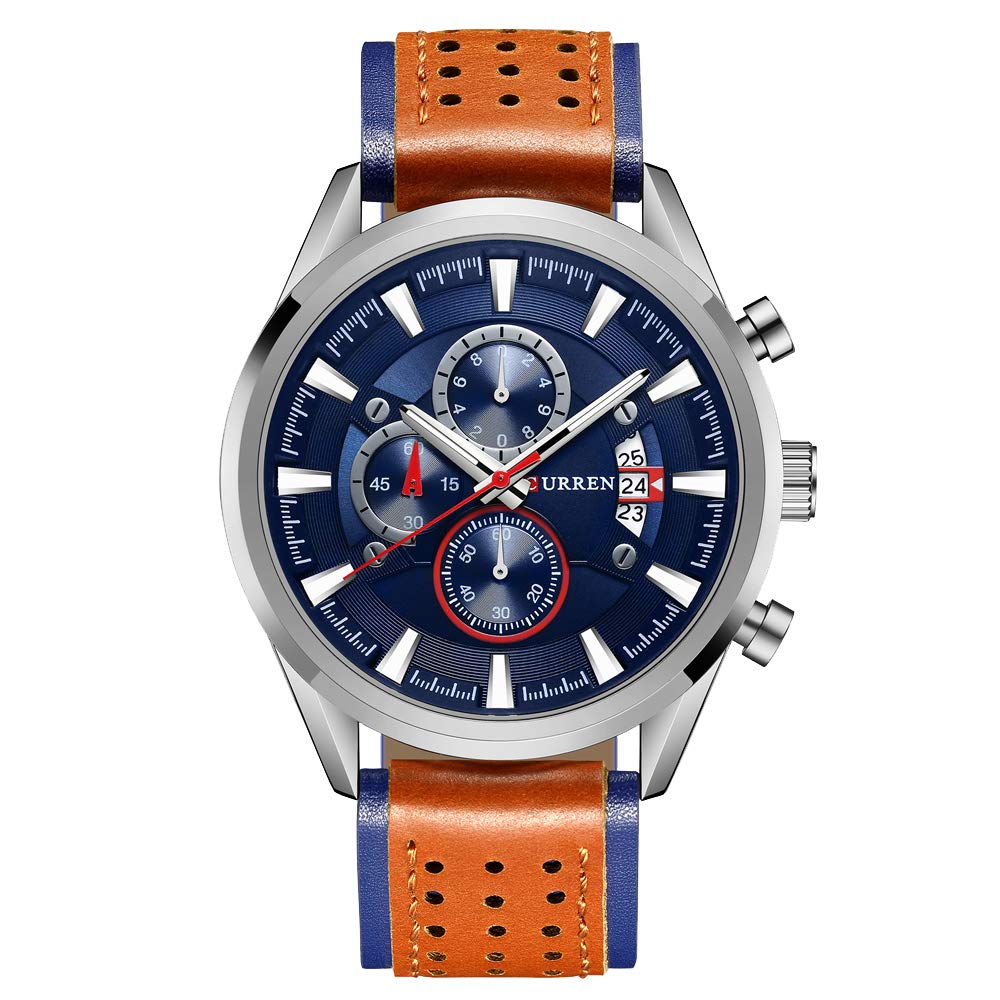 Curren 8290 Leather Round Analog-Chrono With Date Display Brown, Blue Watch for Men