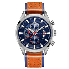 Curren 8290 Leather Round Analog-Chrono With Date Display Brown, Blue Watch for Men