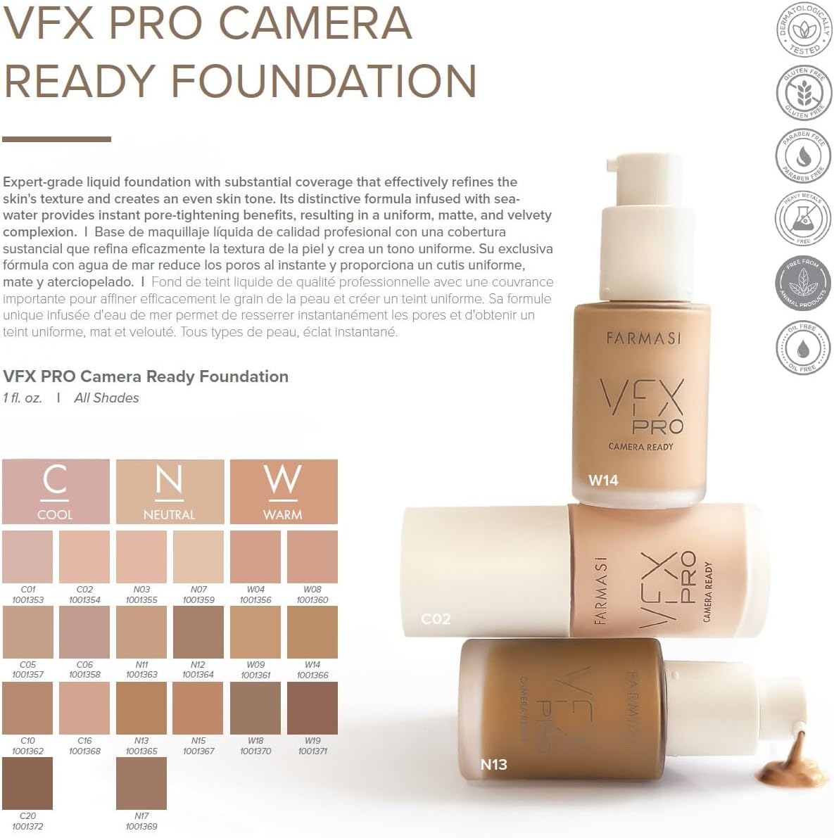 FARMASi Vfx Pro Foundation, Full Coverage Liquid Cream, Lightweight Long Lasting Coverage, Breathable Skin Moisturizer with Color True Matte Blending, Face Makeup, 1 fl. oz / 30 ml - Cool Light 05