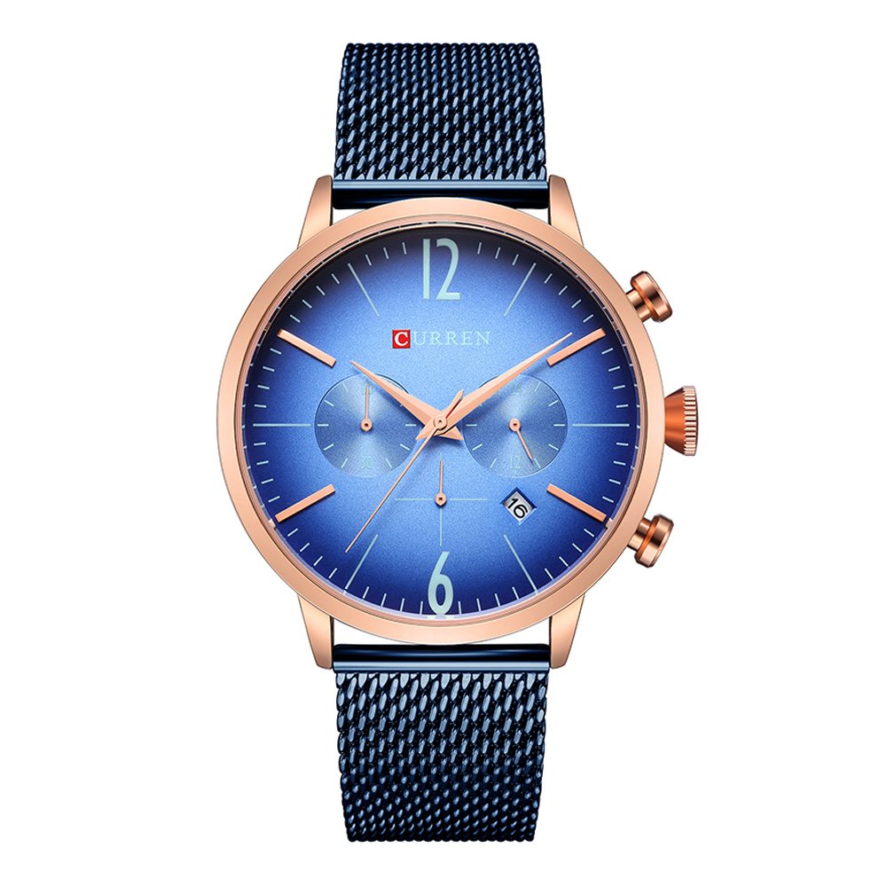 Curren Quartz Analog Watch Stainless Steel Band Wristwatch with Date Display, 8313 - Blue, Rose Gold