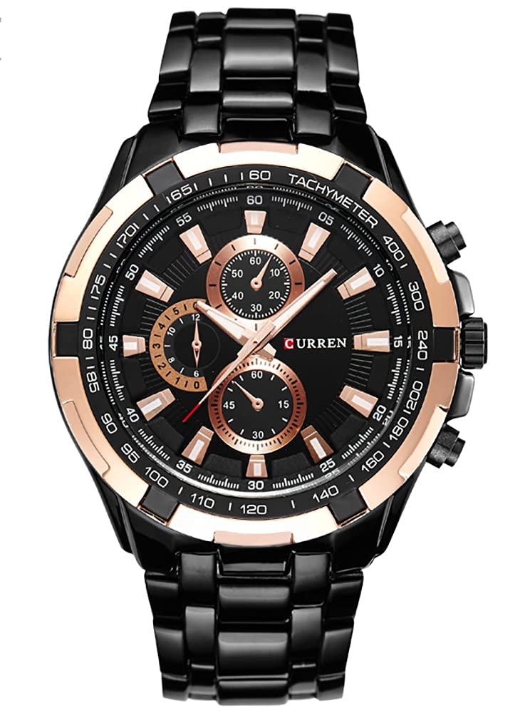 CURREN Mens Quartz Watch Stainless Steel Fashion Military Waterproof Sport Watch Black Gold Decorative dial