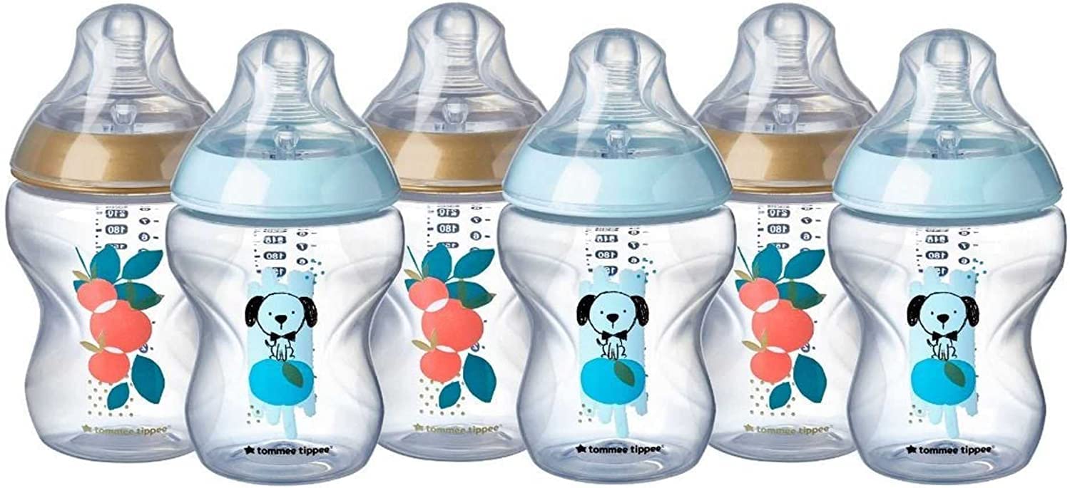 Tommee Tippee Closer to Nature Baby Bottle, Slow Flow Breast-Like Teat with Anti-Colic Valve, 260ml, Pack of 2, Catch Me Quick Blue