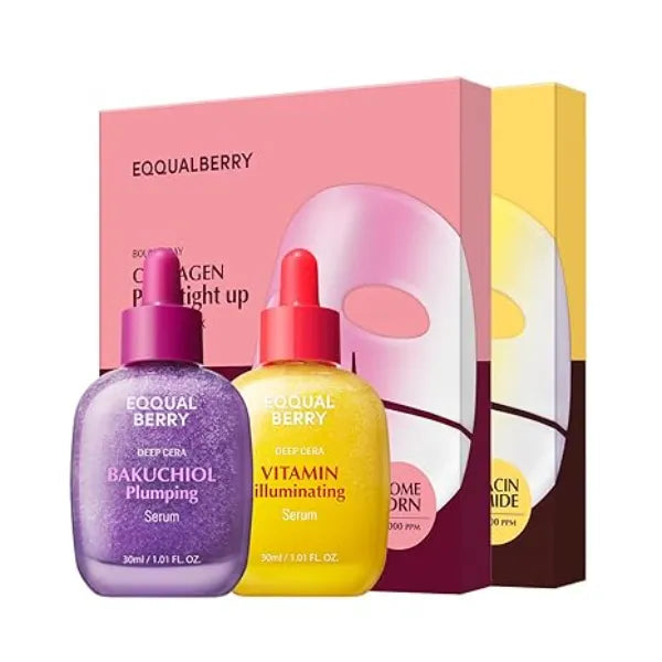 EQQUALBERRY Premium Glass Skin Home Care Set 2 Serums & 2 Collagen Masks for Firming, Brightening & Pore Refining Complete Korean Facial Routine for Radiant & Smooth Skin