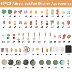 Kids Kitchen Playset 87PCS Mini Kitchen Toy Set, Toddler Cooking Pretend Play Kitchen Appliances with Light & Sound Simulation of Spray Sink Fruit Vegetable Children Role Play Toy for Girls Boys Gift