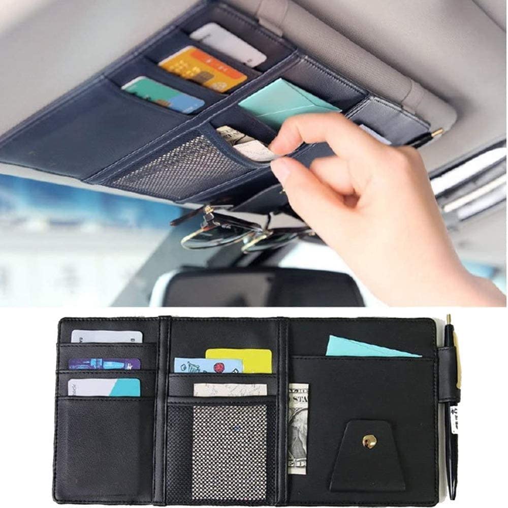 TDOO Car Sun Visor Organizer,Storage Bag and Glasses Holder with Zipper,PU Auto Interior Accessories Storage Travel Document Holder with Multi-Pocket…