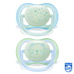 Philips Avent Soothers, 0-6m Ultra Air Night Soother with Glow-in-the-Dark Button, Star/Bear Design, Green/Blue (Pack of 2) - SCF376/11