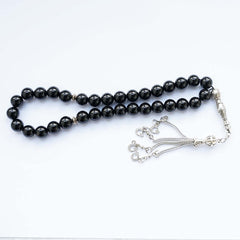 MIACIA 10mm Tasbih Prayer Beads Natural Black Agate Stone Islamic Misbaha Prayer Rosary Beads Muslim Islam Misbaha Bracelet Moon Tasbeeh Sibha 33 Prayer Beads Hand Bracelets, 10mm, Glass, Agate